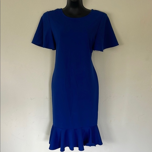 MARINA Blue Ruffled Sheath Midi Dress - Picture 1 of 5